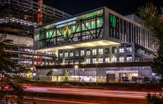 Boston Landing windows lit up at night, Allston MA