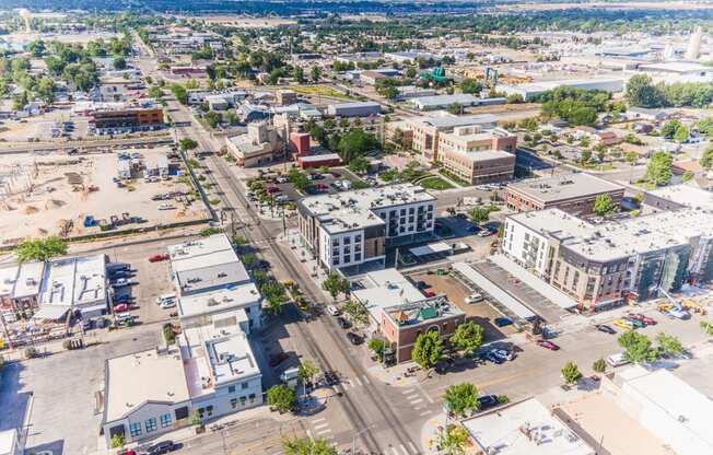 Old Town Lofts Apartments Overhead View of Building and Surrounding Area