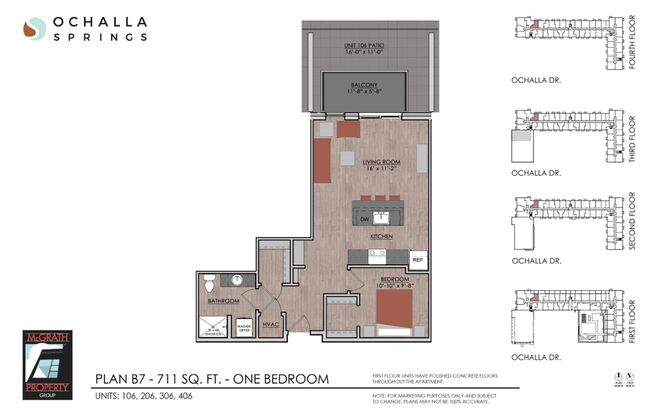 1 bed, 1 bath, 711 sqft, $1,595, Unit 106