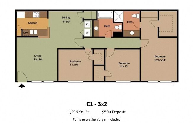 3 beds, 2 baths, 1,296 sqft, $1,999