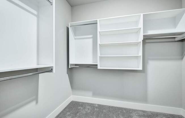 A white pantry with open shelves and a grey carpet at The Ashton at East Park Apartments, Georgia, 30144