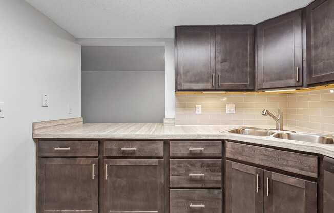 a kitchen with wooden cabinets and a sink