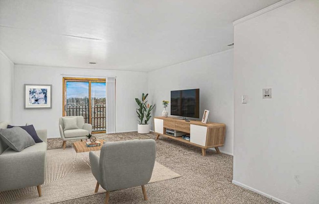 A living room with a grey sofa, a grey armchair, a wooden cabinet, a rug, and a painting on the wall.