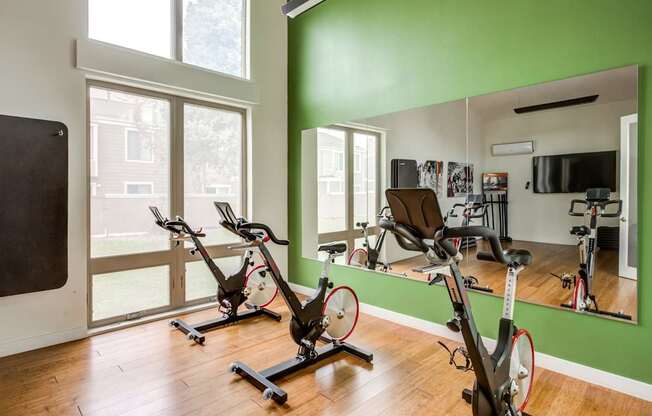A gym with a row of stationary bikes and a mirror.