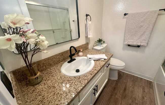 A bathroom with a granite countertop and a white sink at Willow Tree Apartments, California, 90505