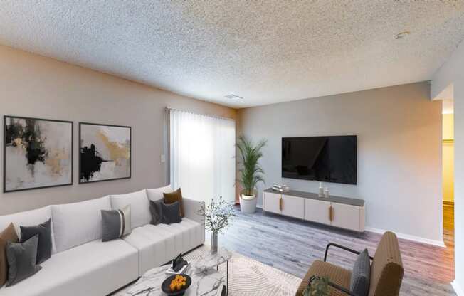 the preserve at ballantyne commons living room with white couch and tv