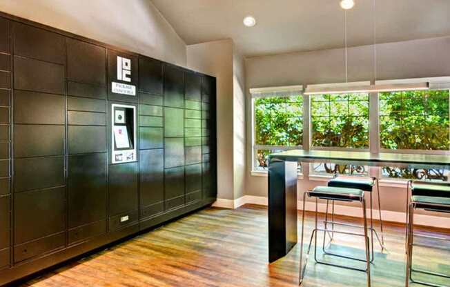 A room with a parking sign on the wall.