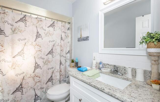 A bright bathroom featuring a white vanity with a granite countertop, a clean toilet, and a floral shower curtain with Eiffel Tower designs. A small plant is on the vanity, and a decorative wall art piece is visible. Natural light filters in, enhancing the inviting atmosphere.
