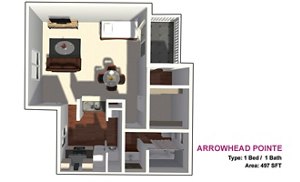 1 bed, 1 bath, 497 sqft, $943