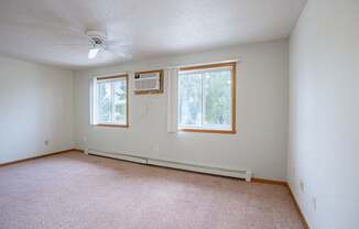 A room with a carpet floor, a ceiling fan, and two windows. Fargo, ND Summit Point