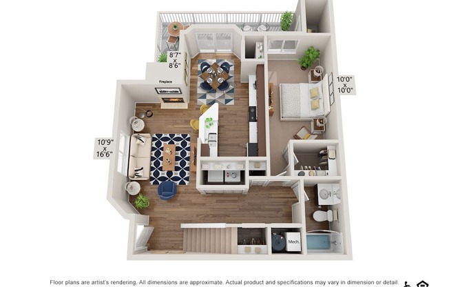 A 3D floor plan of an apartment with a living room, kitchen, and bedrooms.