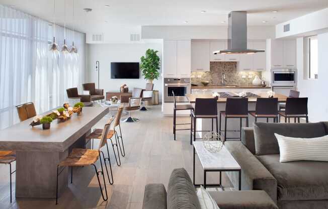 Community lounge with dining, kitchen and furniture