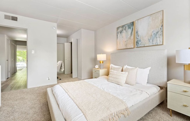 a bedroom with a large bed and a closet