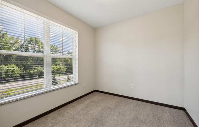an empty bedroom with a large window and carpeting