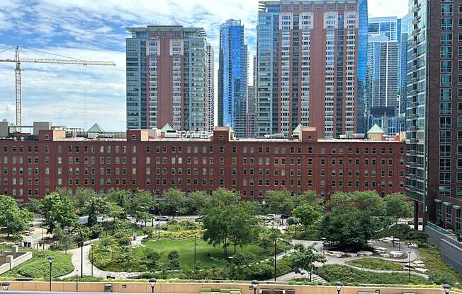 a view of the city from the roof of a building