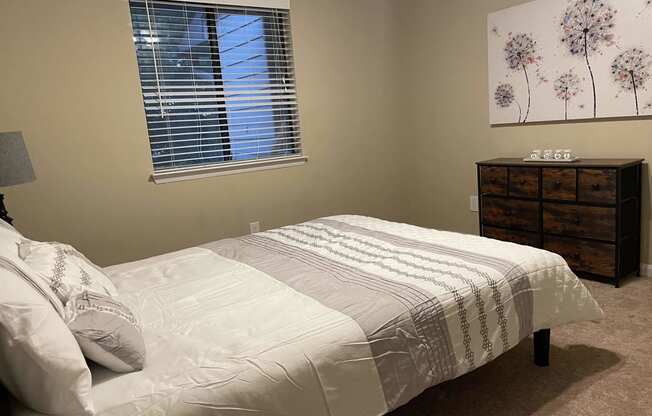 a bedroom with a bed and a dresser and a window