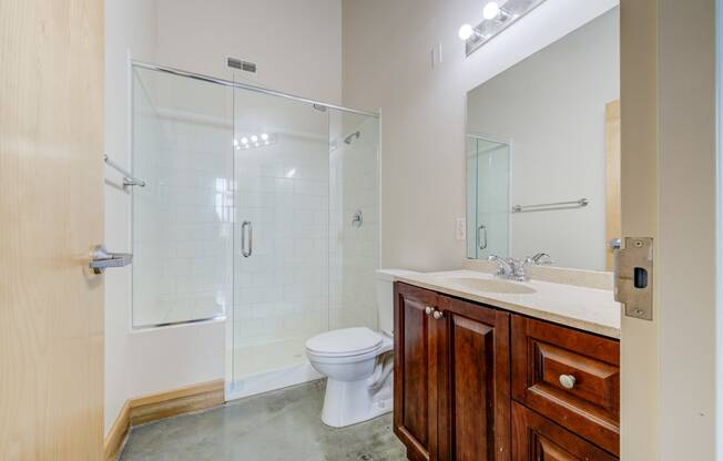 a bathroom with a shower toilet and sink