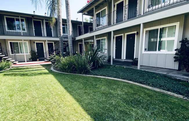 a yard in front of a building with grass and palm trees