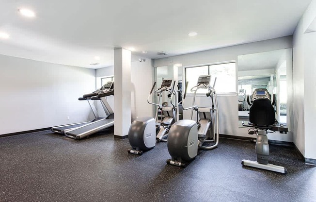 A gym with treadmills, exercise bikes, and weights.