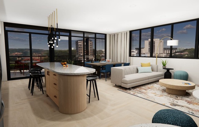 a rendering of a living room with a kitchen and a city view