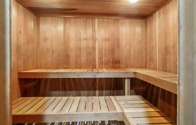 Dry sauna in fitness and wellness center at Drawbridge Apartments in Harrison Township, MI.