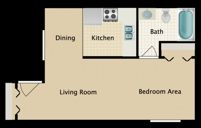 Studio, 1 bath, 412 sqft, $850