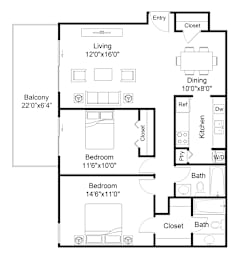 2 beds, 2 baths, 945 sqft, $1,242
