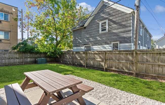 a backyard with a picnic table