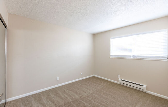 an empty bedroom with a large window and carpeting