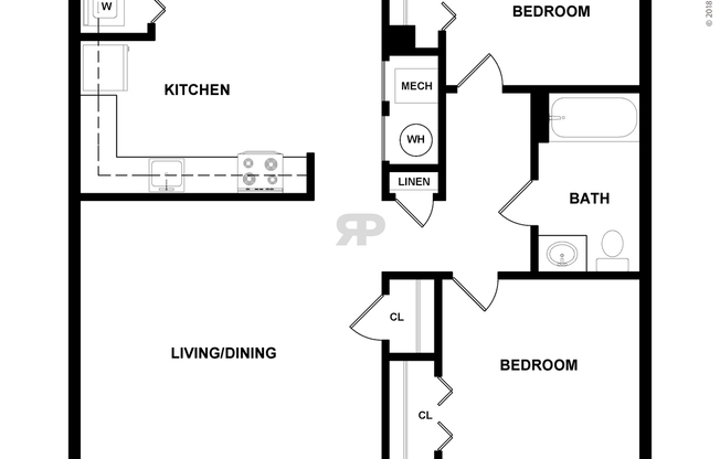 2 beds, 1 bath, 896 sqft, $1,396