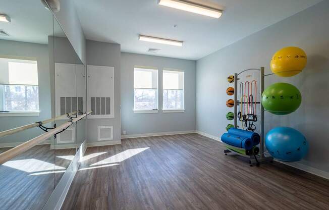 A tranquil yoga and exercise studio with natural light and fitness equipment.