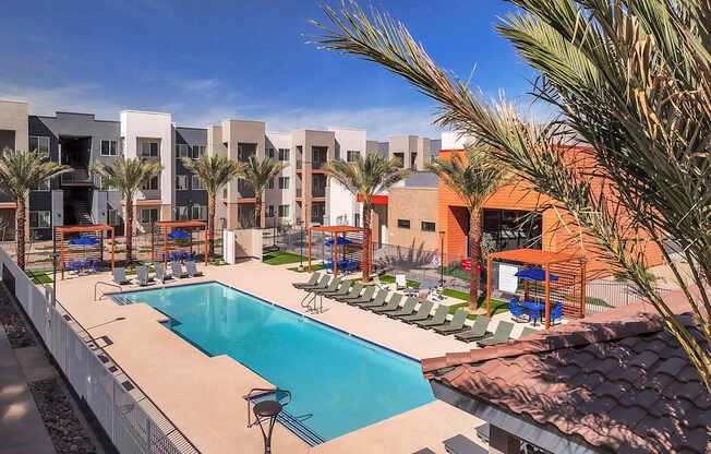 A swimming pool is surrounded by lounge chairs and palm trees.