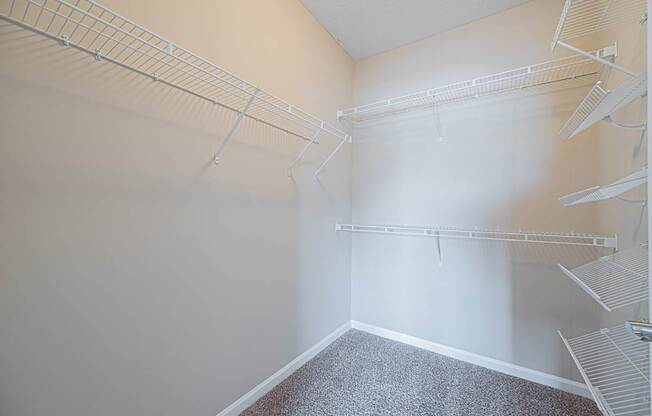 a spacious walk in closet in an empty room with empty shelves