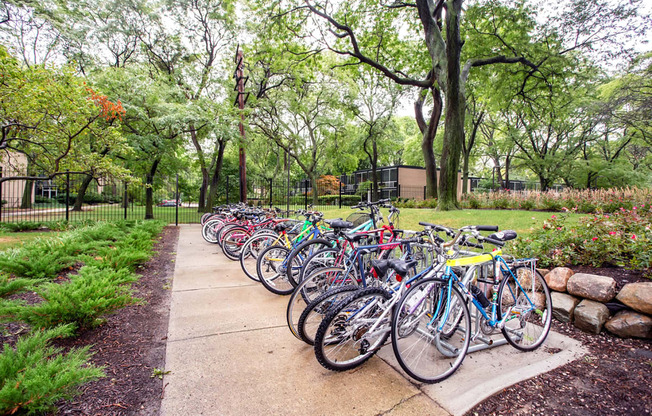 Landscaped park area with bike rack at The Pavilion, Detroit, MI