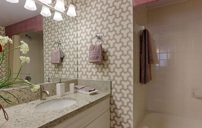 A bathroom with a sink, mirror, and a potted plant.