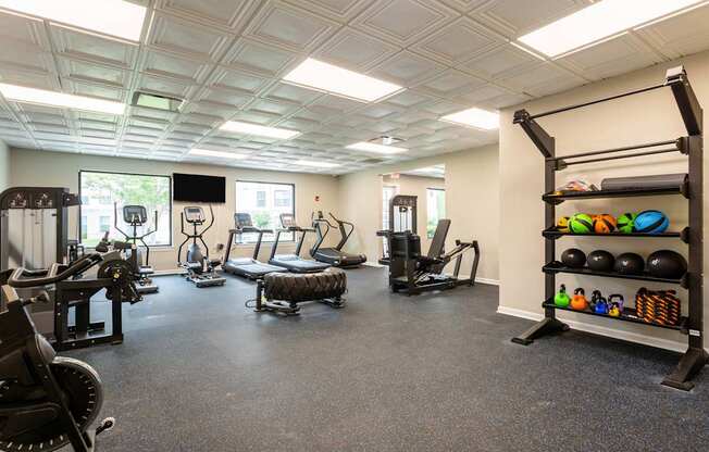A spacious gym with a variety of equipment including treadmills, weights, and exercise balls.