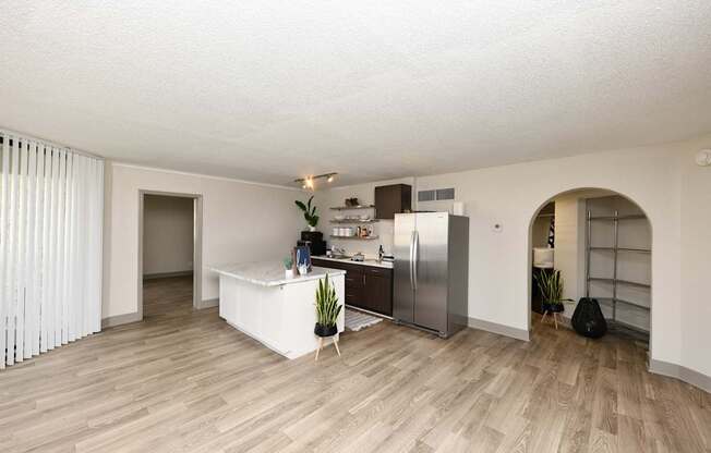 A kitchen area with a refrigerator, a counter, and a potted plant.