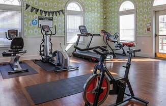 A gym with exercise equipment and a patterned wallpaper.