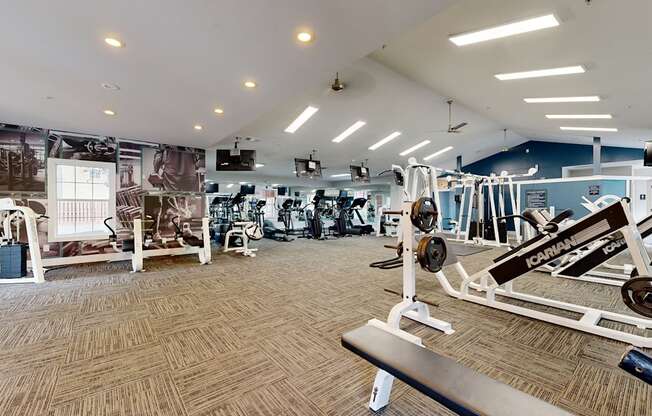 a gym with weights and cardio equipment in a building with a mural of a gym