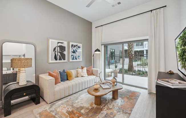 a living room with a couch and a coffee table