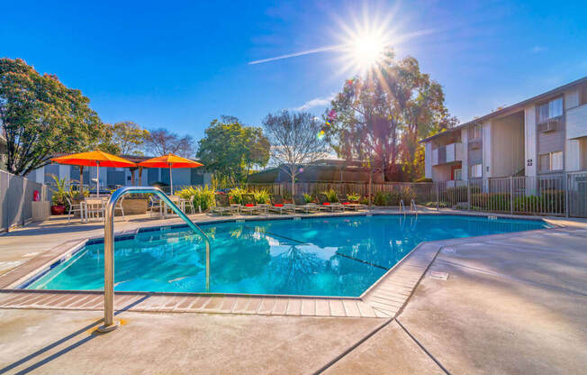 our apartments have a swimming pool in front of our building at Sunnyvale Crossings Apartments, LLC, Sunnyvale, CA