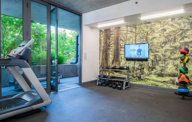 a gym with a tv and exercise equipment