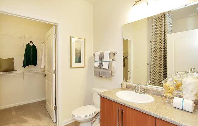 Bathroom with sink, toilet, shower and tub; access to walk-in closet
