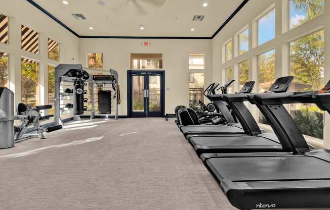 the gym is equipped with treadmills and other fitness equipment