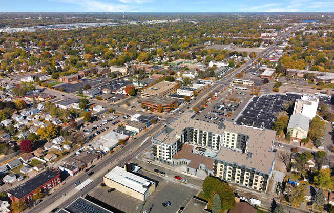 A cityscape with buildings and roads.