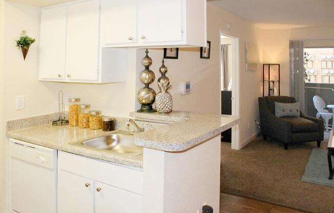 a kitchen with a sink and a mirror