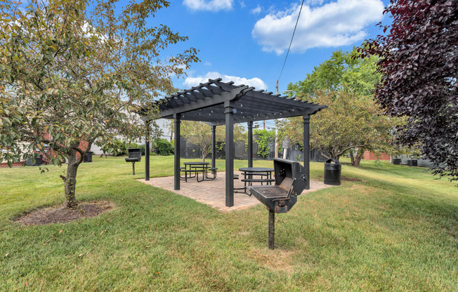 a picnic area with a grill and a pavilion in a park