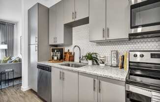 Gray kitchen style with stainless steel appliances