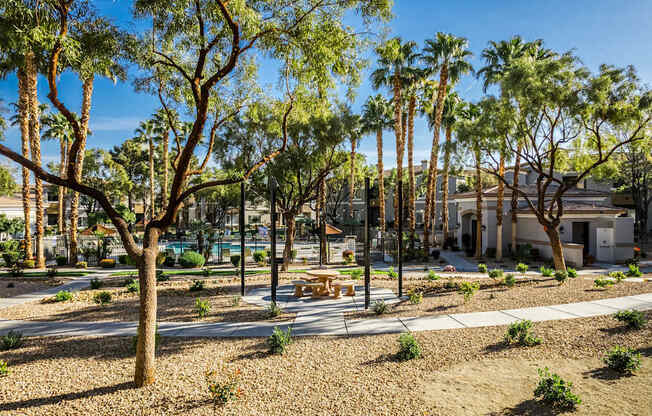 A park with trees and benches in the foreground.