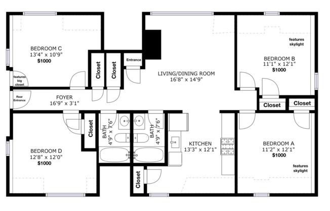 4 beds, 2 baths, 135 sqft, $1,150, Unit Unit 3-B - B